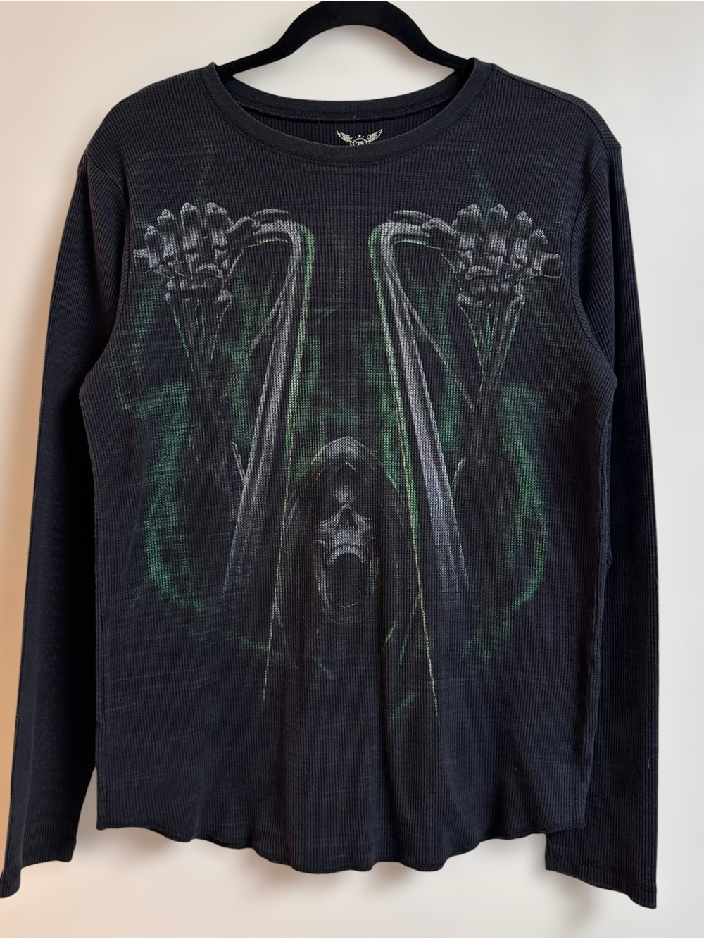 Faded Glory Grim Reaper Motorcycle Graphic Thermal Tee - Black & Green